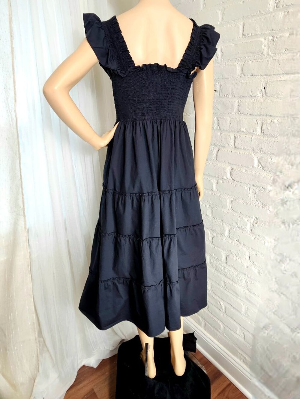 Hill House Home Ellie Nap Dress Black Size M Smocked Tiered Midi Ruffle Pockets - Picture 6 of 9